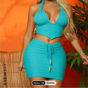 SHEIN SXY Backless Halter Top & Drawstring Ruched Bodycon Skirt Set